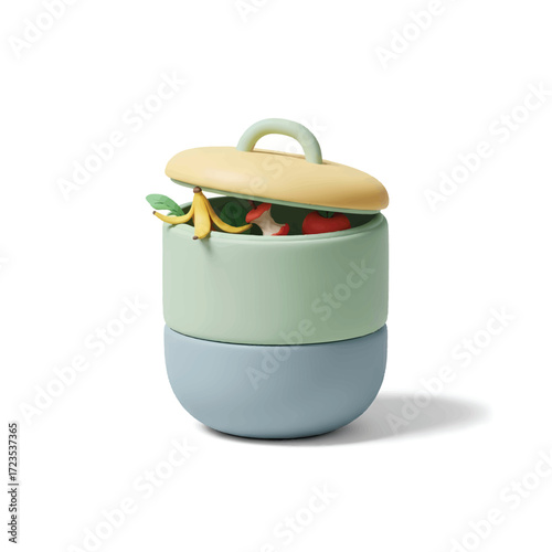 Colorful compost bin holds food scraps in a bright kitchen, promoting sustainability and ecofriendly waste management for a cleaner environment.