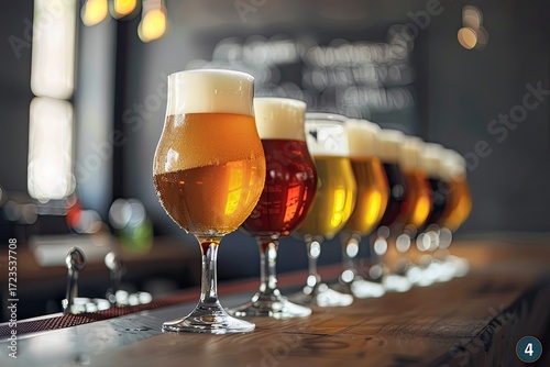 A row of beer glasses with varying shades of amber and golden liquid, topped with white foam, sits on a wooden bar in a dimly lit setting
