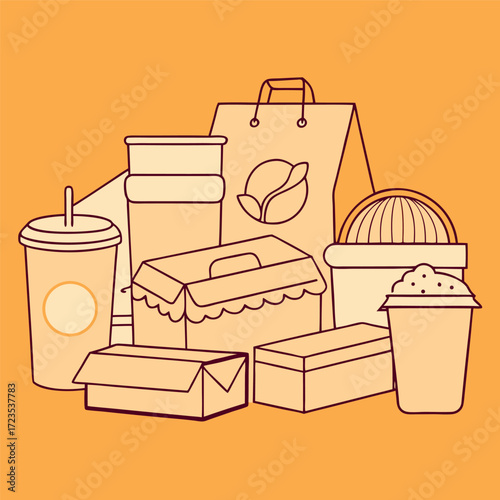 Minimal line art illustration of different food and drink packaging on a solid background