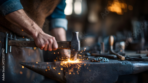 Metalworker striking hot metal in historical forge environment