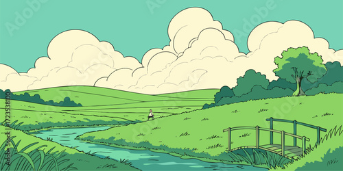 This artwork depicts a beautiful valley scene. A river flows from the mountains, cutting through rolling hills and green meadows. The bright blue sky is stunning, stylish, and illustrative.