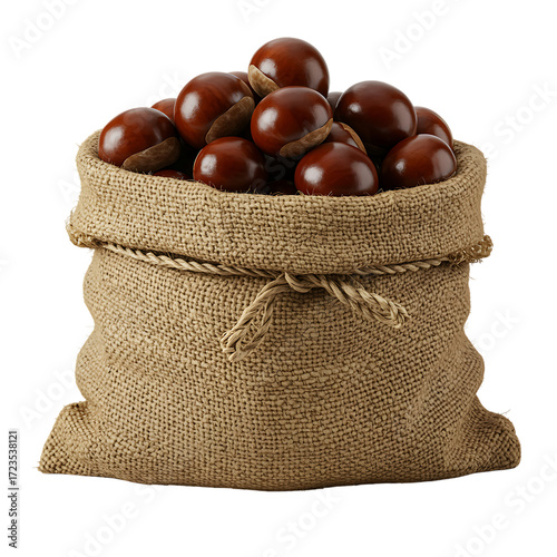 Pile of shiny red chestnuts in a burlap sack on transparent background