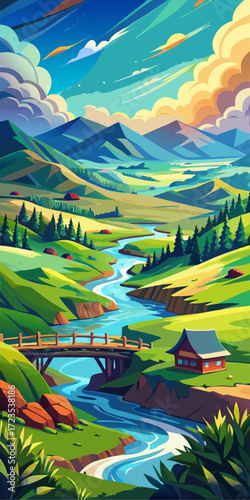 This vertical artwork depicts a beautiful valley scene. A river flows from the mountains, cutting through rolling hills and green meadows. The bright blue sky is stunning, stylish, and illustrative.