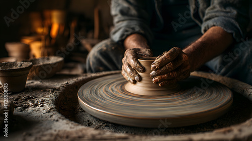 Traditional pottery making process with artisan at work