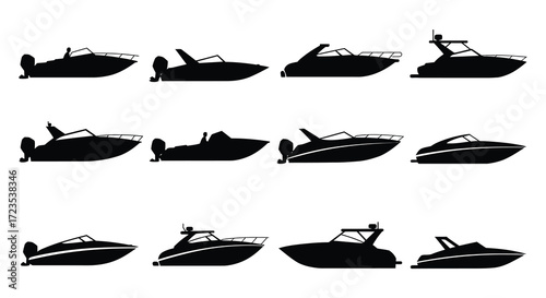 Variety of speedboats and yachts in a simple black silhouette