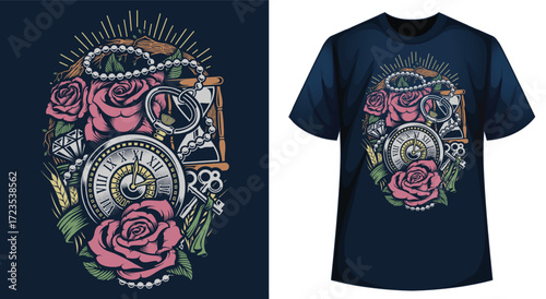 Navy T‑Shirt With Surreal Clock Skull Design And Pink Rose Floral Artwork