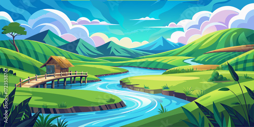 This artwork depicts a beautiful valley scene. A river flows from the mountains, cutting through rolling hills and green meadows. The bright blue sky is stunning, stylish, and illustrative.
