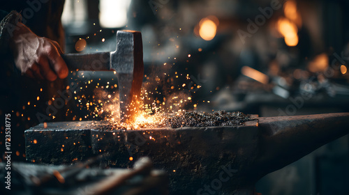 Close-up of blacksmith’s hand forging glowing steel with hammer