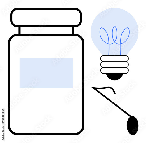 Medicine bottle, glowing bulb with plant-thumbs up filament, and lit matchstick emphasizing creativity, ideas, innovation, biomedical research, energy, inspiration sustainability health. Simple