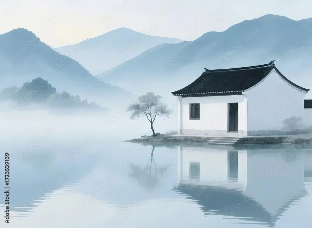 Fototapeta premium 湖畔の白い家と霧のかかった山々 静かな水面