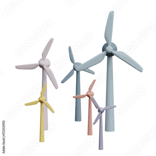 Pastel wind turbines generate clean energy in an ecofriendly field, promoting sustainability and a brighter future.