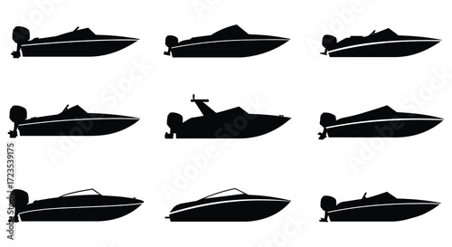 Various motorboats depicted in a simple black and white silhouette