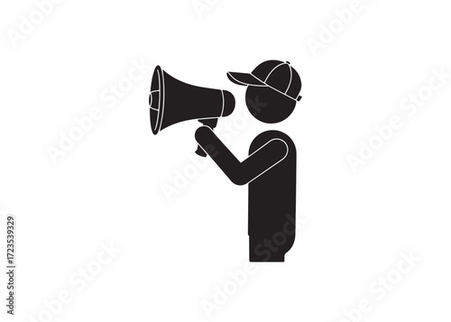 Announcer with Megaphone Addressing Enthusiastic Crowd: Simple Black Icon Graphic.