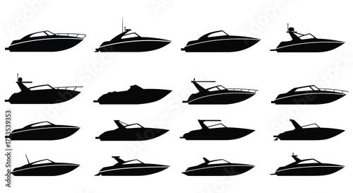 Variety of motorboat designs shown in a simple black silhouette