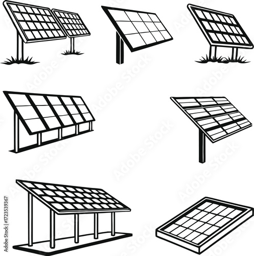 Vector art of a set of solar panel illustrations depicting different arrangements and styles for harnessing solar energy, these panels symbolize ecofriendly power generation