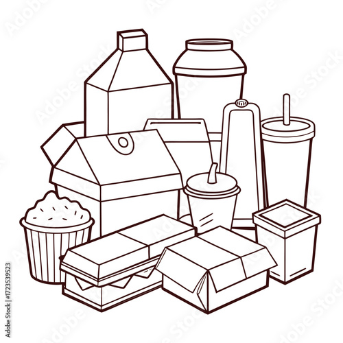 Minimal line art illustration of different food and drink packaging on a solid background