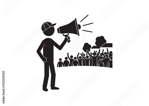 Announcer with Megaphone Addressing Enthusiastic Crowd: Simple Black Icon Graphic.
