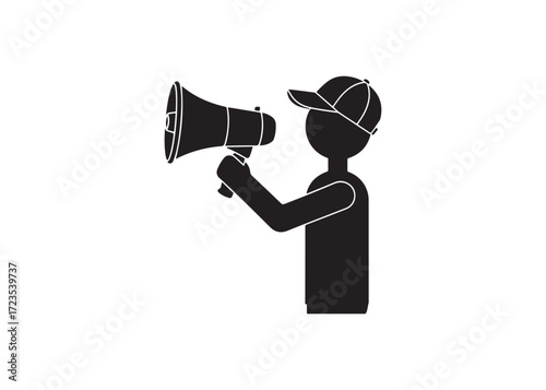 Announcer with Megaphone Addressing Enthusiastic Crowd: Simple Black Icon Graphic.