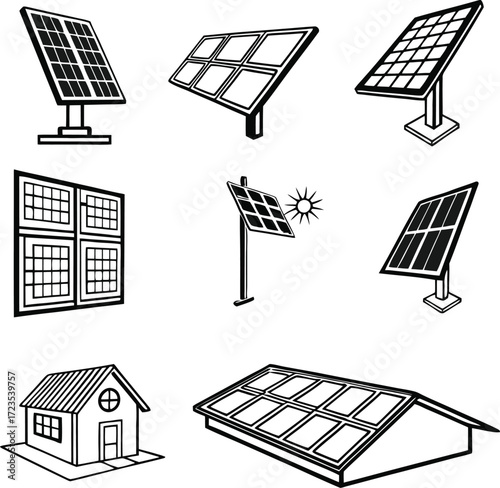 Vector art of illustrations of solar panels integrated with buildings and landscapes, representing sustainable living and renewable energy solutions, these panels showcase ecofriendly technology
