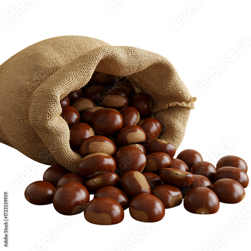 A spilling burlap sack filled with shiny brown chestnuts on transparent background