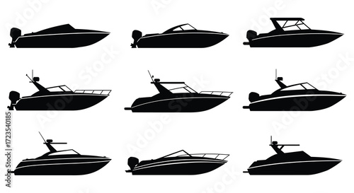 Various motorboat designs displayed in a simple black silhouette