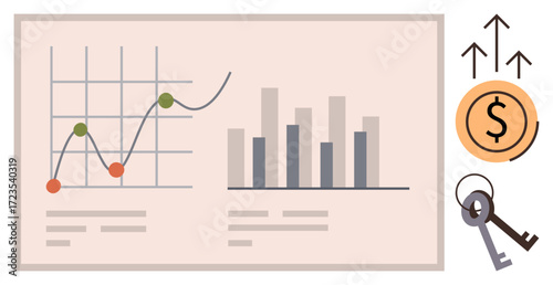 Bar and line graphs analyzing data trends, upward arrows, orange coin with dollar sign, and pair of keys. Ideal for finance, business strategy, growth, investment, data analysis planning simple