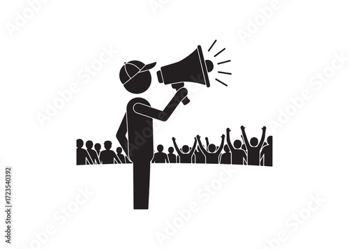 Announcer with Megaphone Addressing Enthusiastic Crowd: Simple Black Icon Illustration.