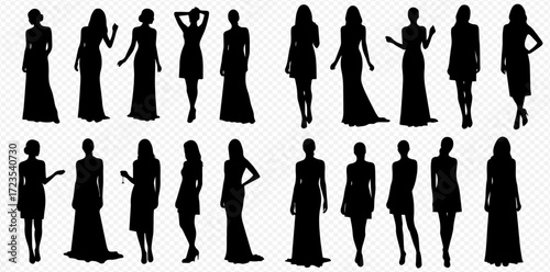 Collection of silhouette figures of women in various dresses and poses, isolated on a transparent background.