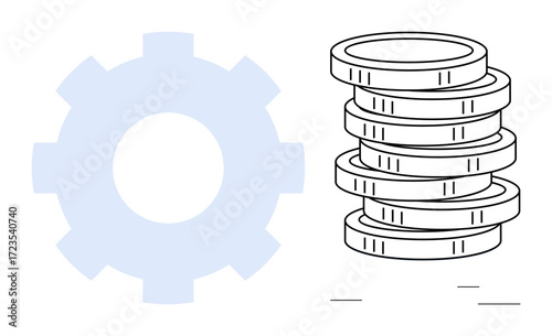 Gear outlines teamwork and productivity paired with coins symbolizing profit, investment, or economic strategy. Ideal for finance, business, innovation, economy, planning strategy startups. Simple