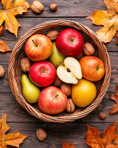 Seasonal Fall Colors Bounty Fresh Fruits in a Basket with Autumn Leaves Aesthetic