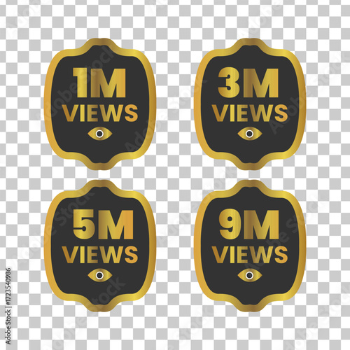 Collection of golden views badges with 1m, 3m, 5m, and 9m views, perfect for social media promotion