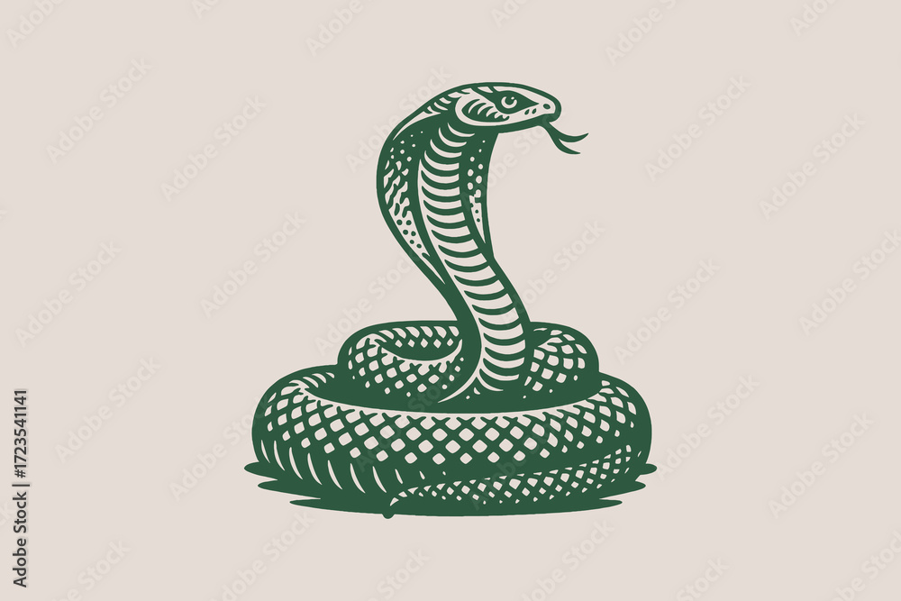 Fototapeta premium Cobra snake engraving style green on beige vector illustration