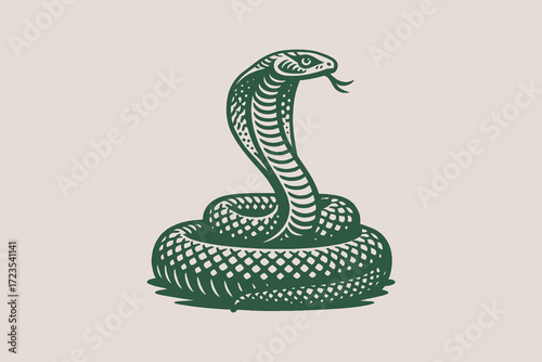 Cobra snake engraving style green on beige vector illustration