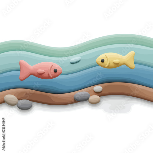 Two clay fish swim in layered blue and green clay ocean with smooth clay pebbles on brown clay seabed, creating a whimsical and playful scene.