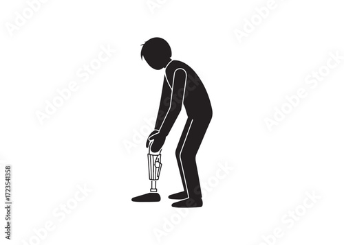 Amputee Adjusting Prosthetic Leg: Simple Black Icon Graphic.
