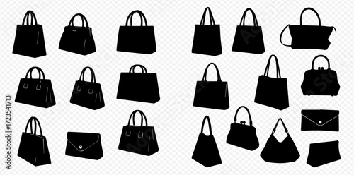 Collection of various black silhouette handbags and purses on a transparent background.