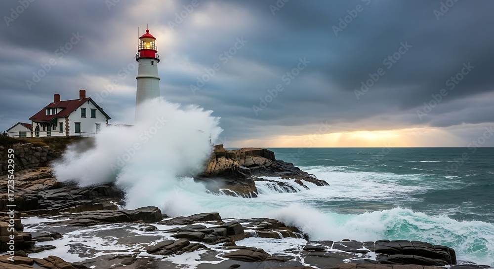 Obraz premium Lighthouse Waves Crashing.