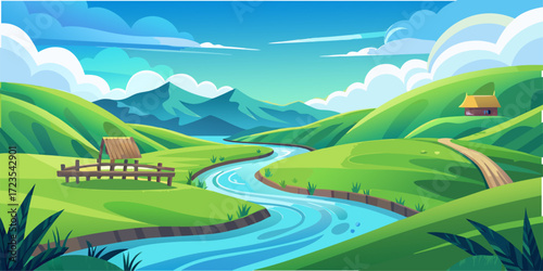 This artwork depicts a beautiful valley scene. A river flows from the mountains, cutting through rolling hills and green meadows. The bright blue sky is stunning, stylish, and illustrative.