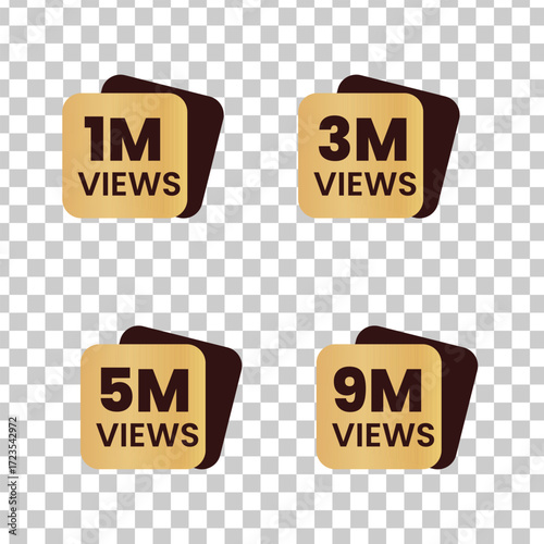 Collection of golden badges showing views count, including 1m, 3m, 5m, and 9m views on transparent background