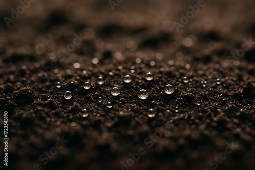 Close up macro shot of water droplets on dark brown soil surface after rain