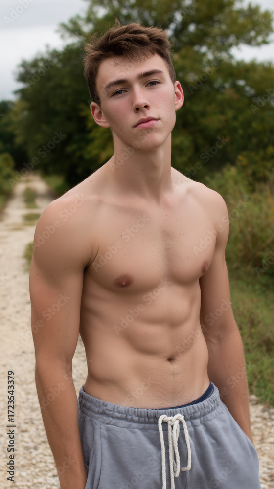 Obraz premium Young American Male with Chiseled Abs Posing Outdoors in Nature