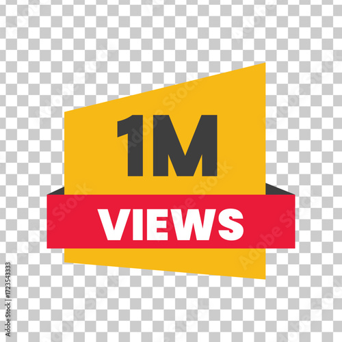 Yellow and red badge showing 1m views on transparent background, representing one million views online