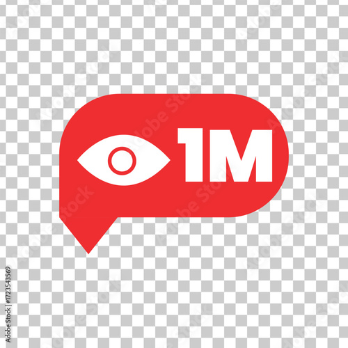 Red speech bubble icon with eye symbol and 1m text, perfect for indicating one million views online
