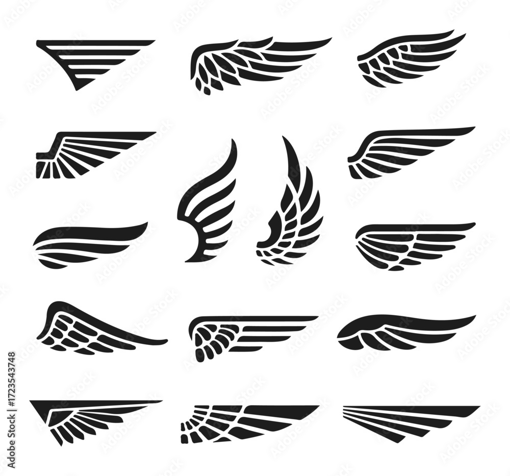 Fototapeta premium Heraldic wings silhouette set, black tribal wing icons for tattoo and logo design