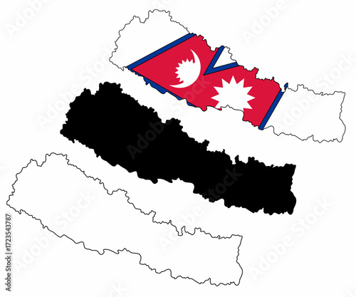 Nepal map vector set including outline version, black silhouette, and national flag design. Official standard colors. Nepal map isolated on white background.