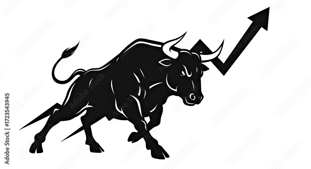 Obraz premium Bold black vector of a bull with horns and up trend chart
