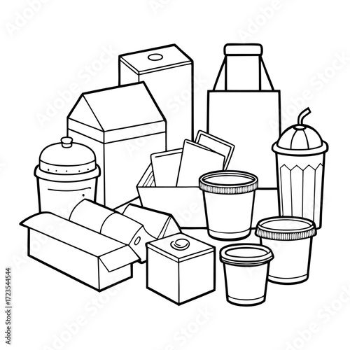 Minimal line art illustration of different food and drink packaging on a solid background