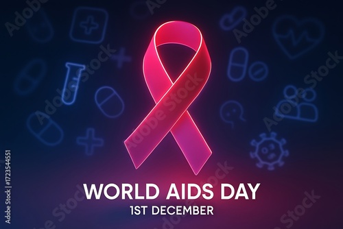 Glowing red ribbon symbolizing world aids day awareness and support on december first