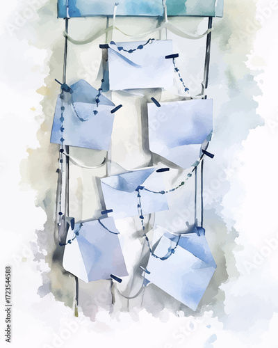Six blank envelopes pinned with clothes pegs to the rope net hanging on the wall and decorated with bead garland; watercolor vector symbolizing holiday greetings, correspondence, New Year resolutions.