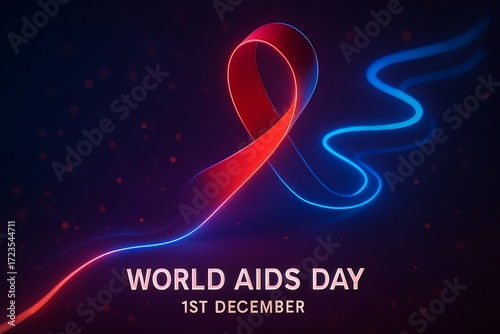 World aids day red and blue ribbon glowing abstract background with text